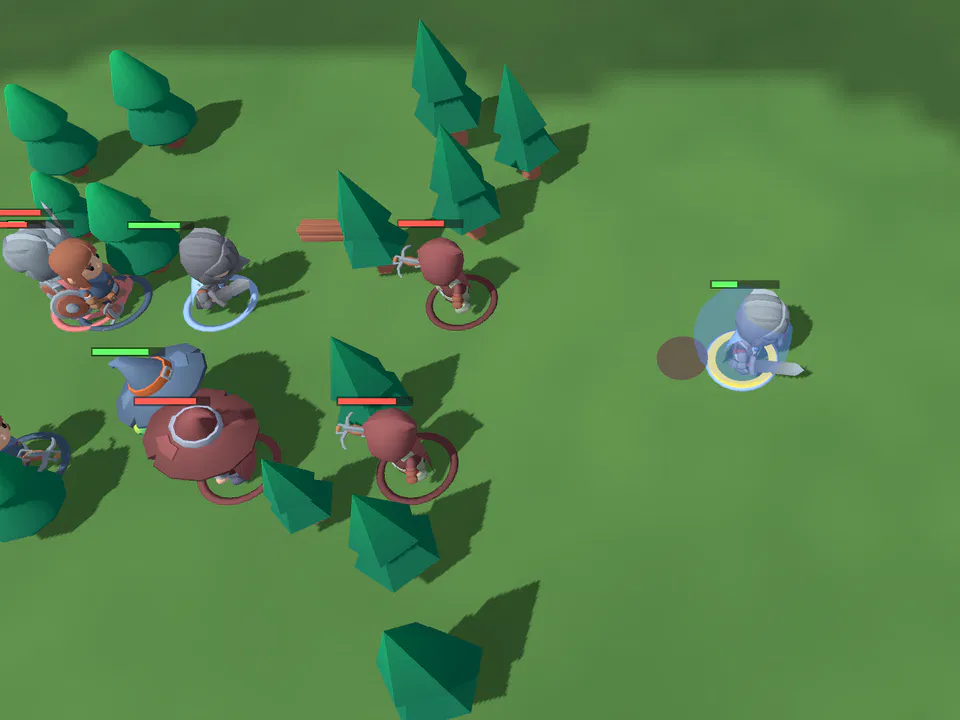 Blue and red heroes clash at the edge of a forest, with red catapult towers nearby.
