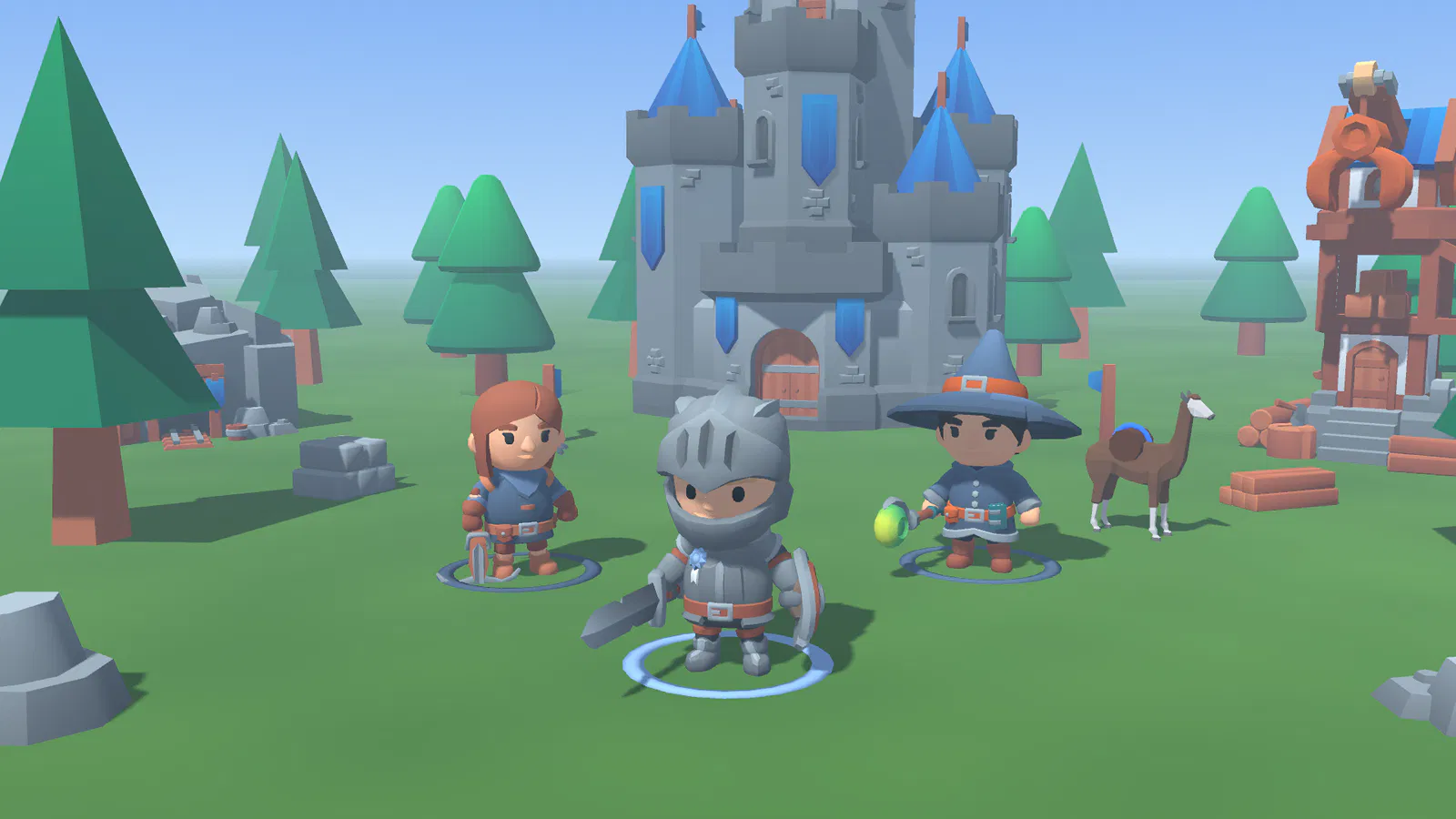 Three chibi heroes, a knight, an archer and a mage, stand in front of a blue castle with a llama and a lumber mill.