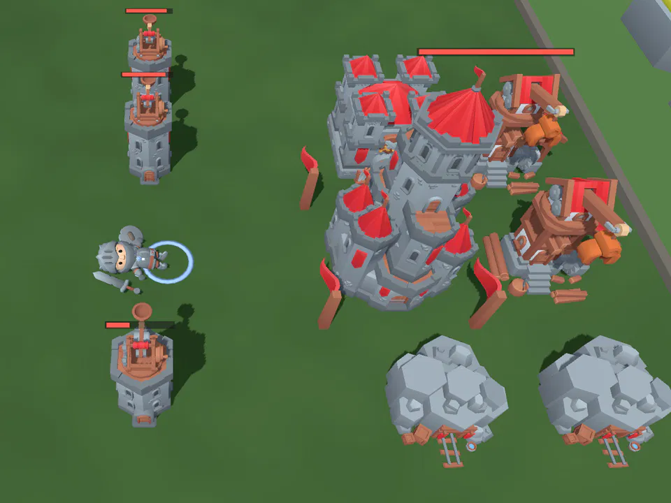 The red team's castle, guarded by catapult towers, with quarries and a lumber mill behind it.